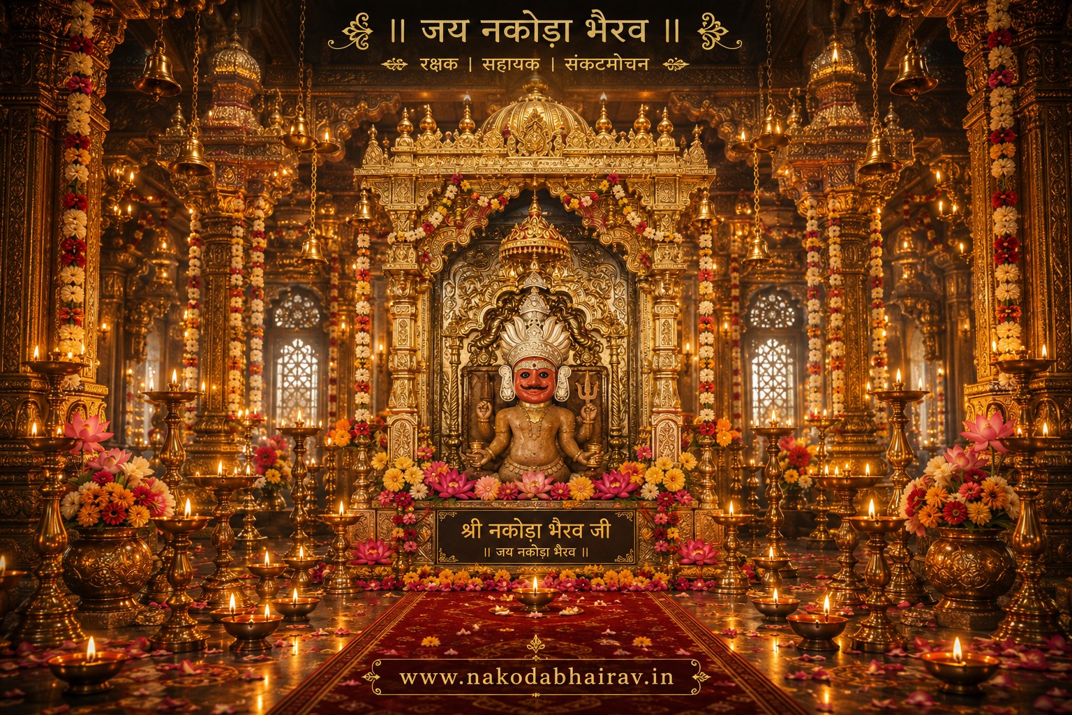 Shri Nakoda Bhairav ji idol in the temple sanctum, jai Nakoda Bhairav, rakshak sahayak sankatmochan — www.nakodabhairav.in